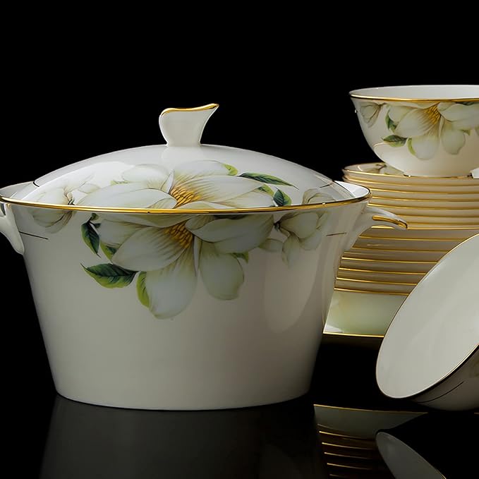 60 Pieces Dinnerware Set Porcelain Bone China Kitchen Dinner Set with Cereal Bowls Dessert Plates Soup Plates Fish Plate Dishes and Soup Pot Service for 10 People Dishwasher and Microwave Safe