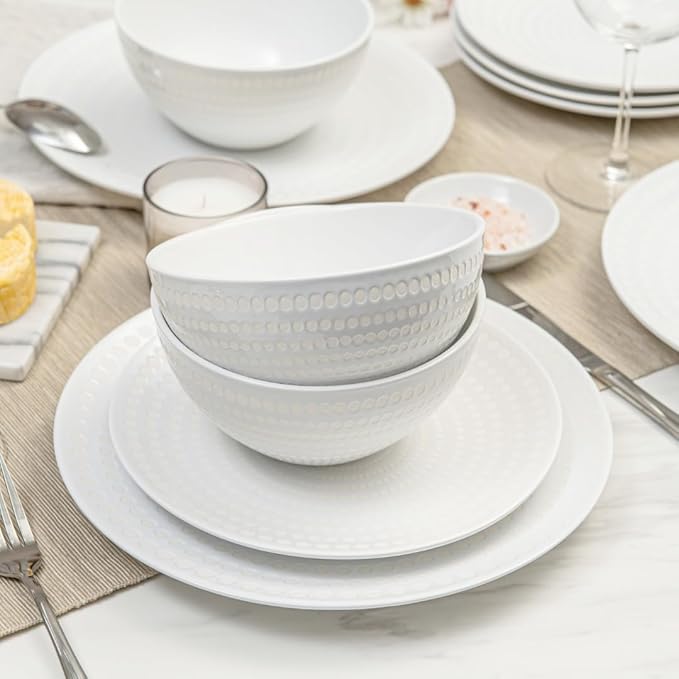 BZYOO Ceramic Dinnerware Set Serive for 4 (12 Pieces) Stoneware Plates and Bowls for Dining Pearl White Dishes Set With DOTDOT Design Microwave Safe (12 PCS Dishes and Bow set Bijou Collection)