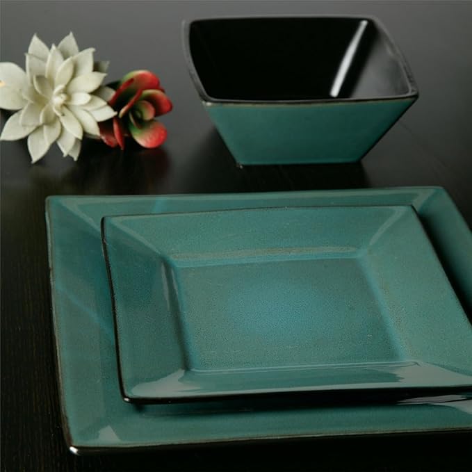 16-Piece Square Stoneware Dinnerware Set – Reactive Glaze Sea Green Dish Set Service for 4 Microwave &amp Dishwasher Safe