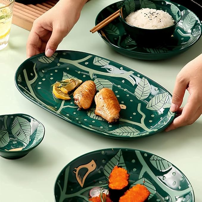 22 Pcs Dinnerware Sets European Style Porcelain Tableware Set With Plates And Bowls Green Golden Ceramic Dinner Set For Home Kitchen