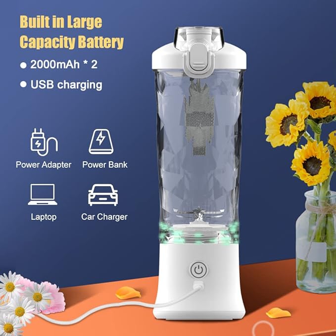 Portable Blender for Shakes and Smoothies 600ml Fruit Juicer with 6 150W Power 2 Modes Built-in Battery Waterproof Fruit Mixer for Home Office Travel Sports Camping