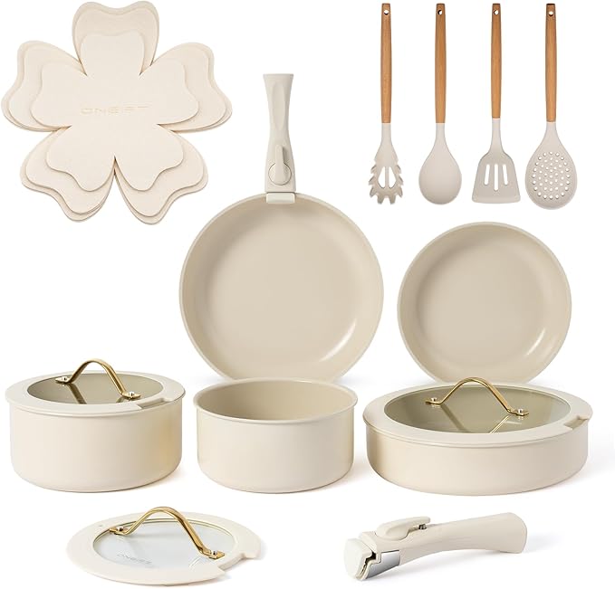 20pcs Ceramic Cookware Set Nonstick Detachable Handle Pots and Pans Set RV Kitchen Set Removable Handle for Cooking Non Toxic No PFAS &amp PTFE &amp PFOA Dishwasher/Oven Safe Cream White