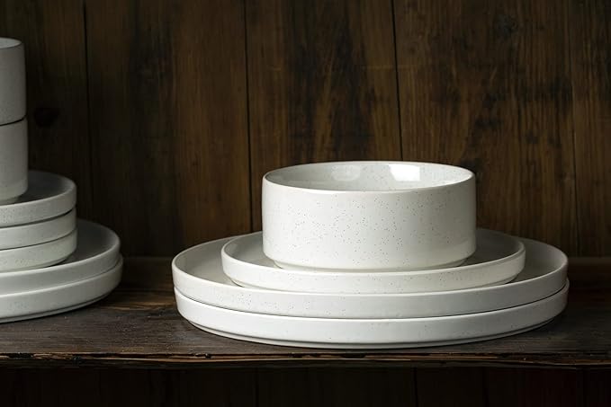 Famiware Nebula Plates and Bowls Sets + 3 Pcs Ocean Rectangular Serving Platter 15-Piece Dinnerware Sets for 4 White