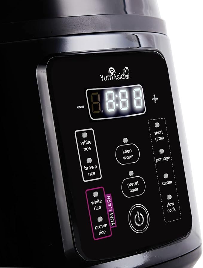 Yum Asia Kumo YumCarb Rice Cooker with Ceramic Bowl and Advanced Fuzzy Logic (5.5 Cups 1 Litre) 5 Rice Cooking Functions 3 Multicooker Functions 110V US Power (Dark Stainless Steel)