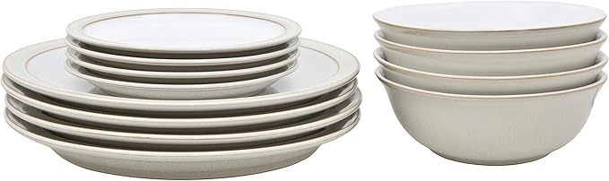 Denby - Linen Cream White Dinner Set for 4-12 Piece Ceramic Stoneware Tableware Plate &amp Bowl Set - Dishwasher Microwave Safe Crockery - Includes 4 x Dinner Plates Small Plates Cereal Bowls