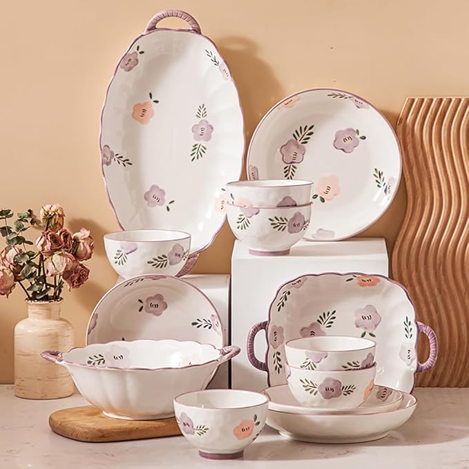 Modern Dinnerware Set Ceramic Plate And Bowl Set Serves 4-10 Purple Floral Dinnerware Set Dinner Salad Dessert Plate And Cereal Bowl SetD