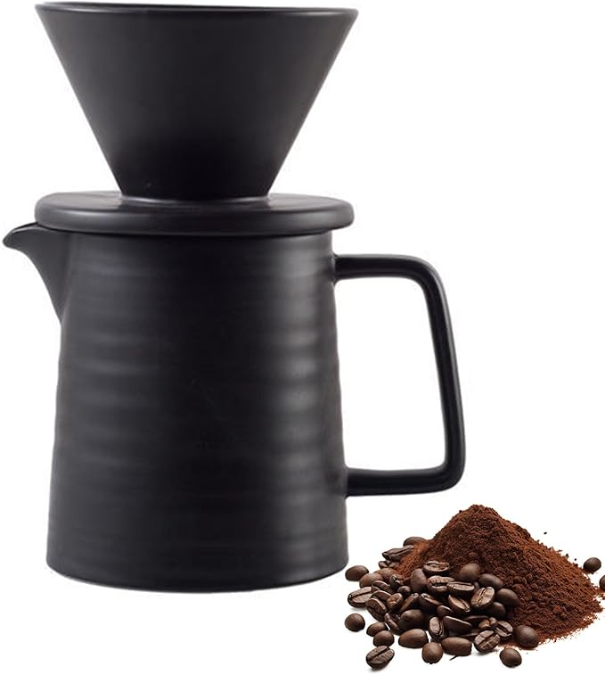 Coffee Filter Porcelain With Cup34oz Pour Over Coffee Maker With Ceramic Mug Coffee Pot With Filter Pour Over Coffee Dropper Coffee Filter Reusable (Black)