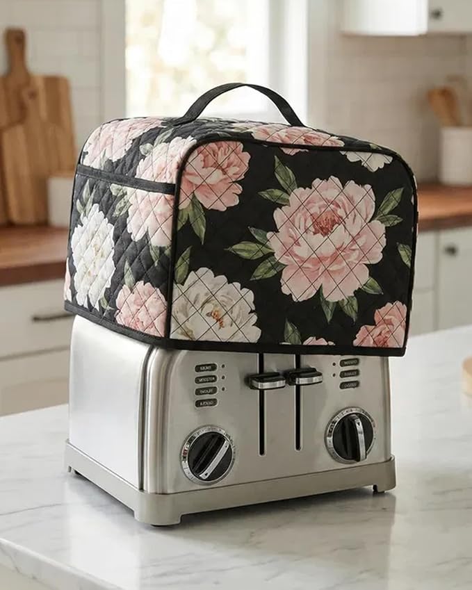 Deosk Toaster Cover 2 Slice With 2 Pockets &amp Thickened Sponge Oxford Toaster Covers For 2 Slice Wide Slot and Kitchen Use 11 x 6.5 x 7.5 (MediumBlack Flower）