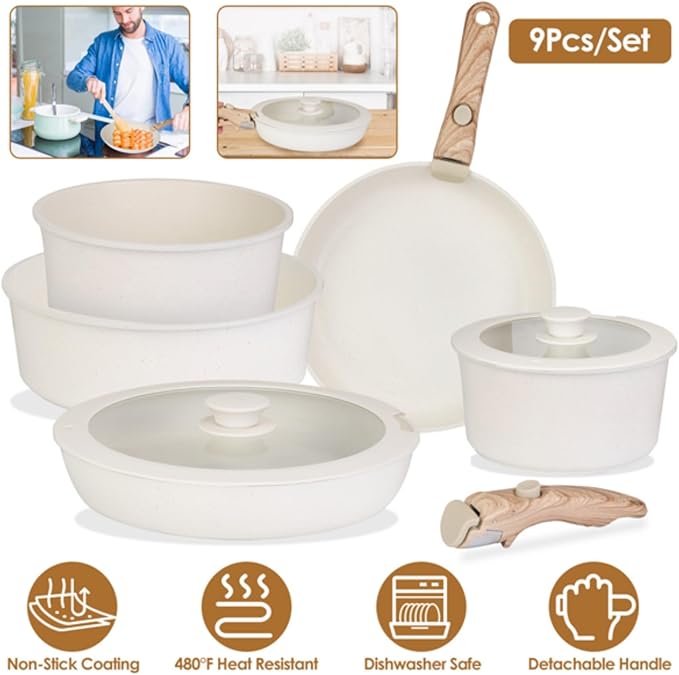 9 Piece Non-Stick Cookware Set Kitchen Pots and Pans Set with Removable Handles Tempered Glass Lids Dishwasher Oven Safe Aluminum Alloy Kitchen Cookware Set.