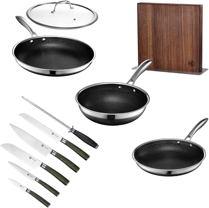 HexClad Hybrid Nonstick 11-Piece Cookware Set 10 Pan 10 Wok 12 Pan with Lid 6-Piece Essential Knife Set and Magnetic Knife Block