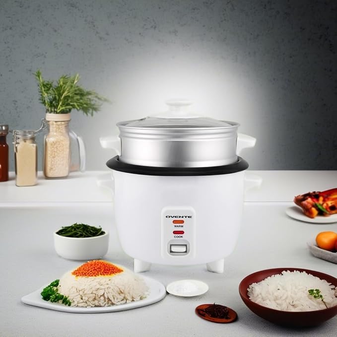 OVENTE Electric Rice Cooker and Food Steamer – 10-Cup Cooked Capacity (5 Cups Uncooked) Nonstick Removable Pot Keep Warm Function Steaming Basket Measuring Cup &amp Spatula Included White RCS01W