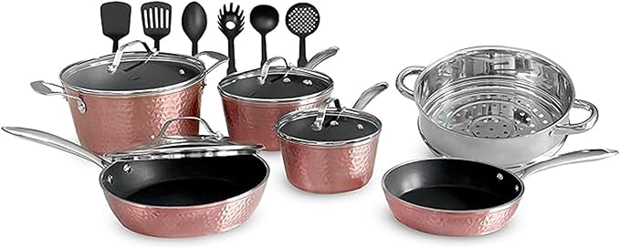 Luxurious Non-Stick Ceramic 16 Piece Rose Gold Cookware Set with Glass LidsLightweight Scratch-Resistant Dishwasher Safe Oven Safe up to 500°F Suitable for All Stove Types