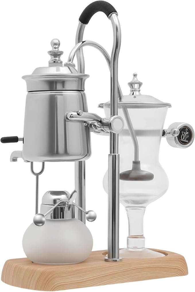 Belgian/Belgium Balance Siphon Coffee Maker 13.53oz Family Vintage Coffee Maker Siphon Brewer Vacuum Brewing System Elegant Design Retro-Style (Silver)