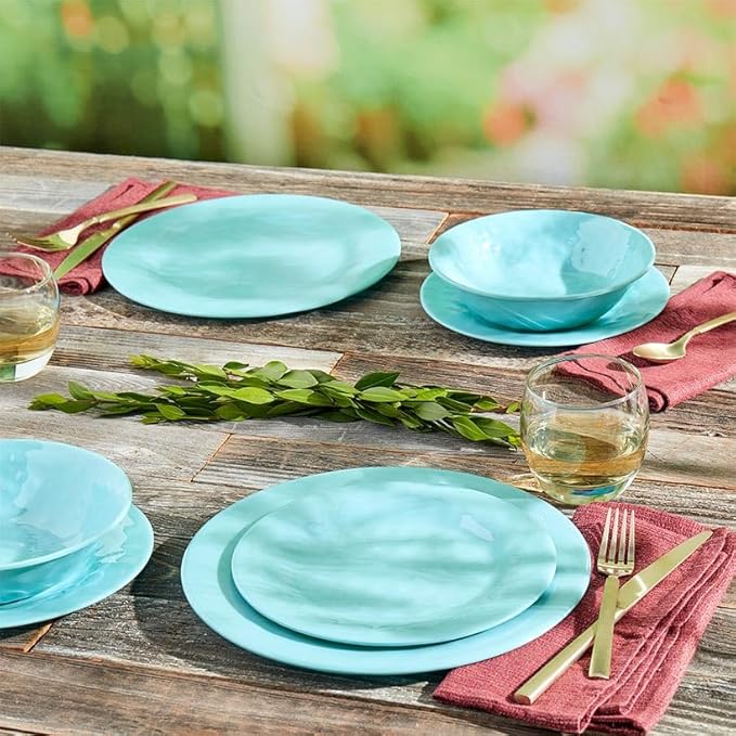 Melamine Dinnerware Service for 4 Set Vibrant Colors 12pc Set - Light Blue