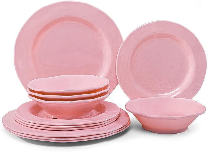 LEHAHA Pink Dishes Melamine Dinnerware Sets 12 Piece Kitchen Plates and Bowls Dinnerware Sets Lightweight BPA free Melamine Dishes for Girls Valentine's Day Mother's Day.
