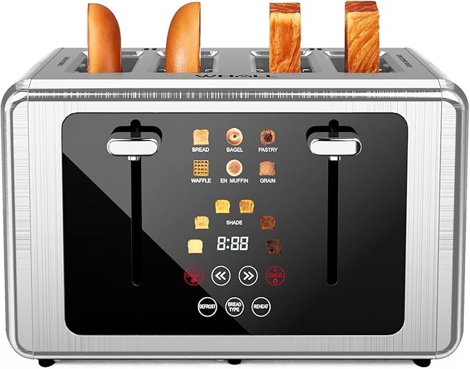 WHALL Touch Screen Toaster 4 Slice 1.5'' Extra Wide Slot Smart Toaster with Digital Timer 6 Bread Types &amp 6 Shade Settings Crumb Tray Reheat/Defrost Stainless Steel Bread Toasters (titanium