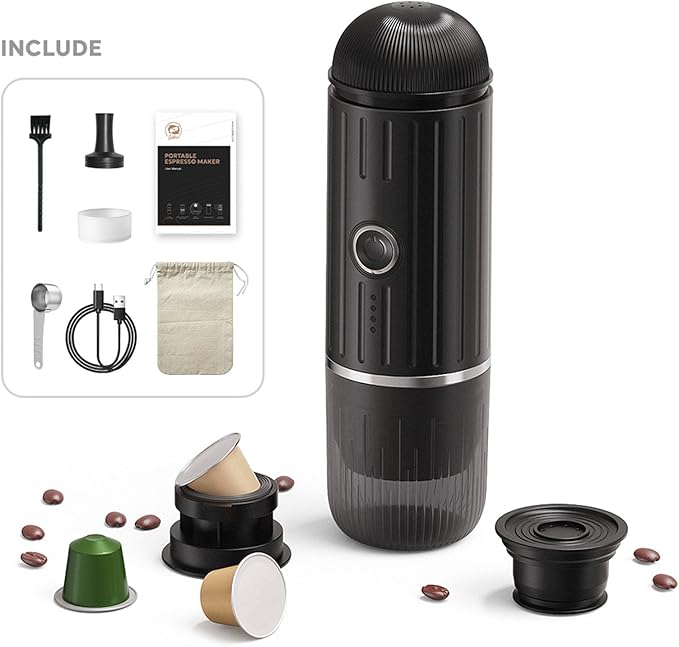 Electric Portable Coffee Maker 19 Bar High Pressure Machine Wireless Heating Maker with Compact Design Ideal for Travel Camping Office &amp Home (Black)