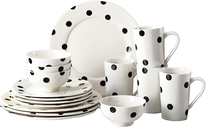 Modern Porcelain 16-Piece Dinnerware Set Plates and Bowls Set for 4 Black Polka Dot DinnerwareDishwasher &amp Microwave Safe Ceramic Dish Set for Home Dining Gifts