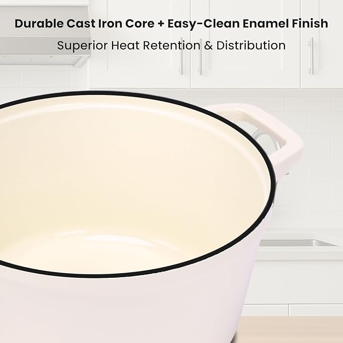 QuliMetal Enameled Cast Iron Set 5-Pc 10 Stackable Space-Saving Cookware Set Dutch Oven Skillet Grill Pan with 2 Universal Lid Versatile Enamel Dutch Oven Included Spacers White