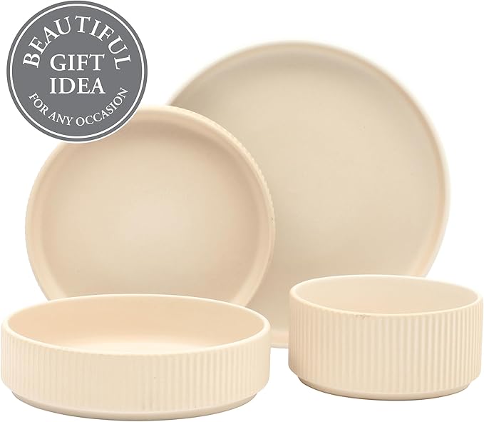 Gibson Elite Deerfield 16-Piece Stoneware Dinnerware Set – Cream White Reactive Glaze Plates and Bowls Stackable Design Service for 4 – Dishwasher &amp Microwave Safe