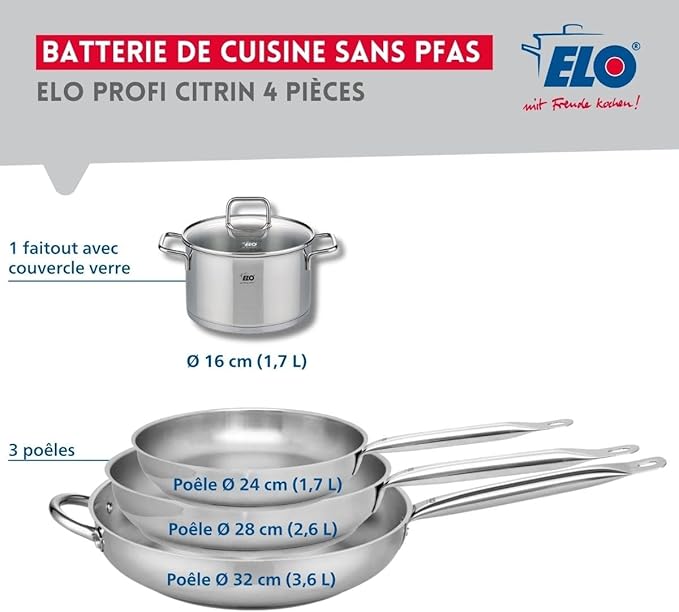 ELO 9511050 Cookware Set 4 Pieces 3 Frying Pans 24 28 and 32 cm and 1 Cooking Pot 16 cm Elo Profi Citrine Stainless Steel Induction
