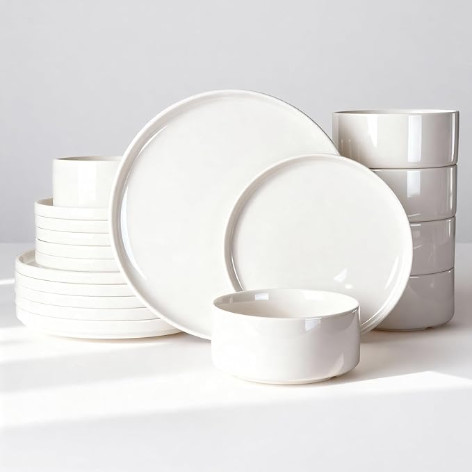 Famiware Porcelain Dinnerware Set 18-Piece Modern Plate and Bowl Set dish set for 6 Microwave and Dishwasher Safe Tableware White
