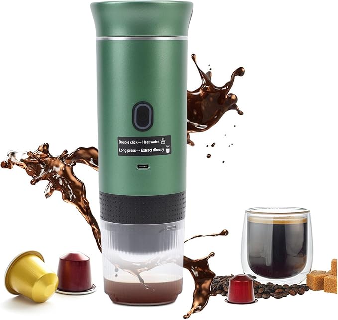 Dpofirs Portable Espresso maker Travel Electric Espresso Machine with USB C Compatible with Ground Coffee Capsule Car Self Heating Coffee Maker for RV Hiking Home (Green)
