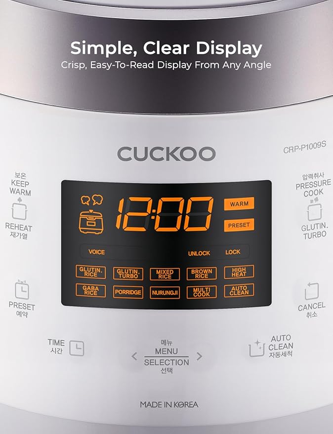 CUCKOO High Pressure Rice Cooker 10-Cup Uncooked / 20-Cup Cooked with Nonstick Inner Pot Large Rice Maker with 13 Menu Options and Steam Plate Fuzzy Logic Tech Voice Guide White (CRP-P1009SW)