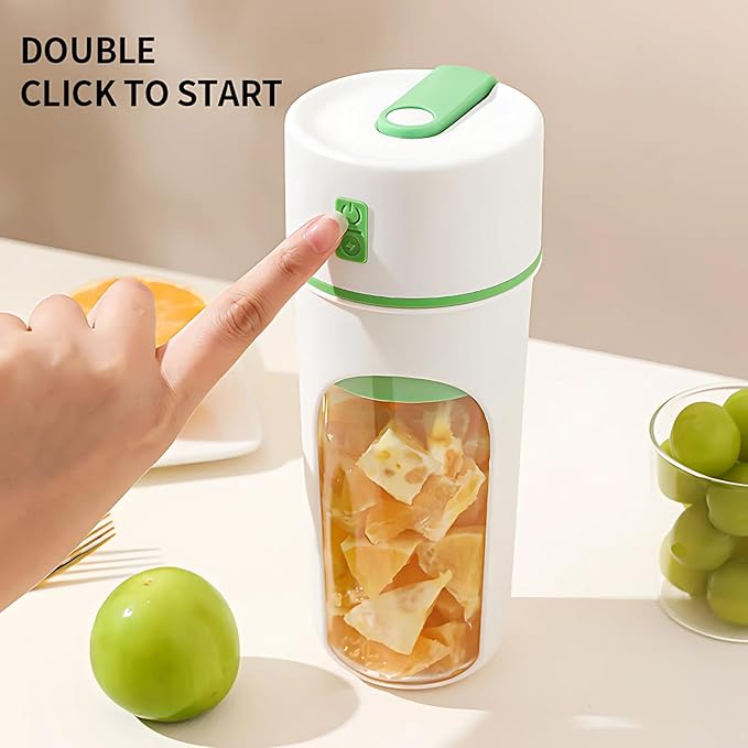 Portable Wireless Electric Juicer Blender USB Rechargeable White with Color Accents Steel Six-Blade Fruit Mixer Cup with Straw Personal Size (Green)