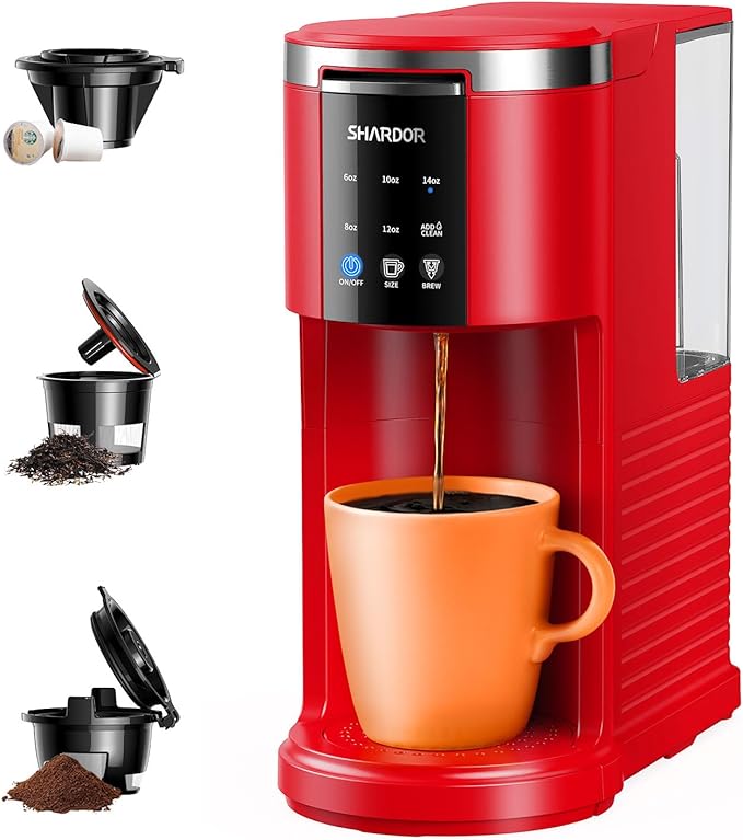 SHARDOR 3 in 1 Coffee Maker K Cup Coffee Maker Compatible with Ground Coffee &amp Teas Single Serve Coffee Machine 6–14oz Brew Sizes 40oz Detachable Water Reservoir Descale Settings Red