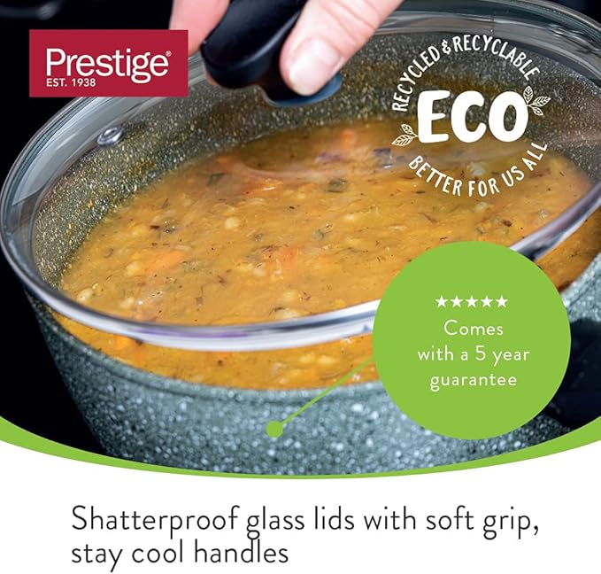 PRESTIGE - Eco Friendly Cookware Set - Plant Based Non Stick - Recycled and Recyclable - PFOA Free - Induction - Set of 3 plus bonus lid