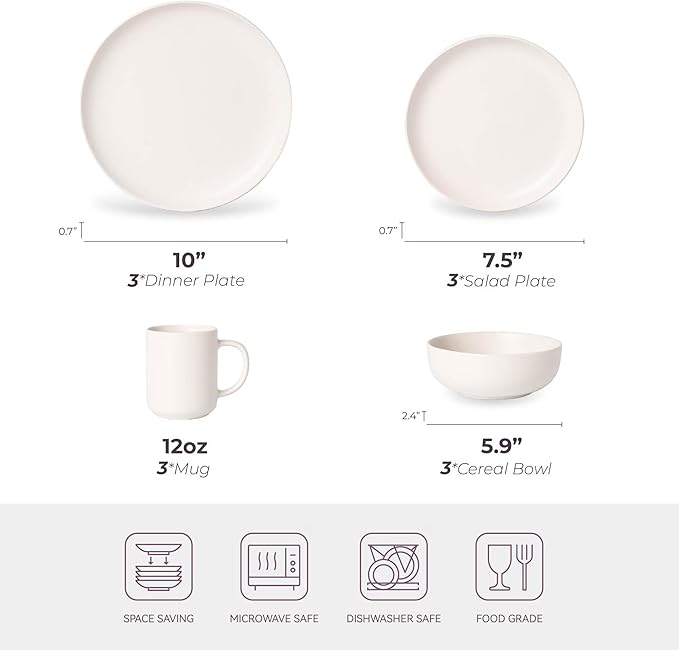 12-Piece Stoneware Dinnerware Set with Mugs Matte Glaze Microwave &amp Dishwasher Safe Stackable Service for 3 White (White of 3)