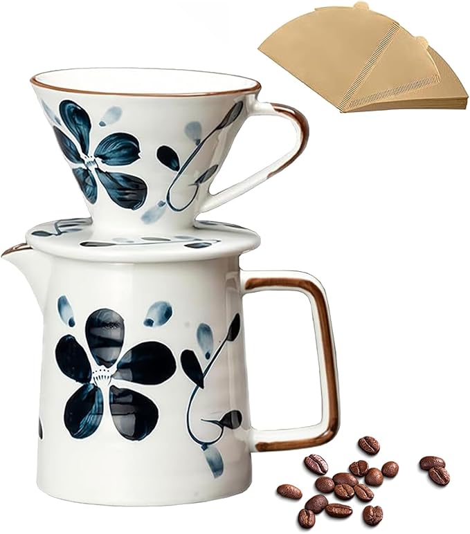 Ceramic Pour Over Coffee Maker Set Ceramic Coffee Dripper with Single Hole Coffee Pot &amp 100 Paper Filters for Home Travel Camping (1-4 Cup)
