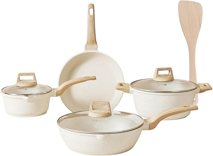 Kitchen Cookware Set Pots and Pans Set White Nonstick Granite Coating Dishwasher Safe Fast Even Heat Induction Frying Pan Stockpot Sauce Pan