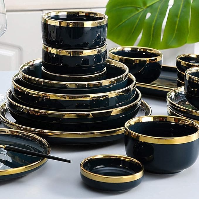 Dining Plate Set Dinnerware Sets for 2/4/6 - Dinner Plates/Sets - Plate Set - Nordic Style Dishes Set - Plates and Bowls for Home Kitchen and Dinning (Gold 18 pcs)