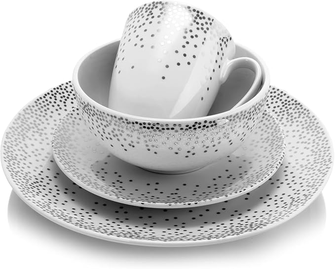 16 Piece Round Ceramic Dinnerware Set – White Plates Bowls &amp Mugs with Platinum Dot Design – Elegant Dish Set for 4 Microwave &amp Dishwasher Safe