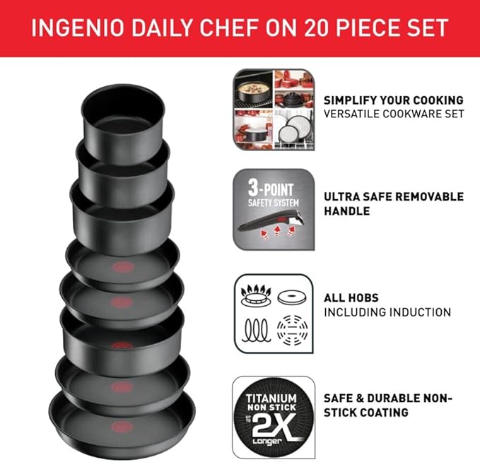 Tefal Ingenio Daily Chef ON 20 pieceNon-Stick Pan Set 22&amp24&amp26&amp28 cm Frying pans 16&amp18&amp20 cm Saucepans 24 cm Sautepan 16&amp18&amp20cm Glass Lids 16&amp18&amp20 cm Hermeti