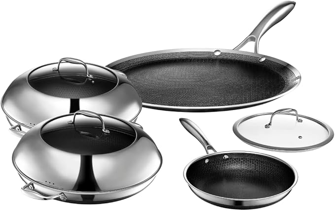 HexClad Hybrid Nonstick 7-Piece Cookware Set 14 Pan with Lid 14 Wok with Lid 12 Griddle and 10 Pan Stay-Cool Handles Dishwasher and Oven-Safe Induction Ready Compatible with All Cooktops