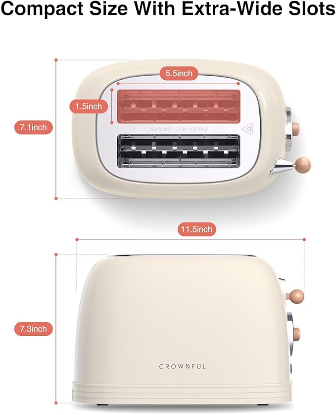 CROWNFUL 2-Slice Toaster Extra Wide Slots Toaster Retro Stainless Steel with Bagel Cancel Defrost Reheat Function and 6-Shade Settings Removal Crumb Tray Cream