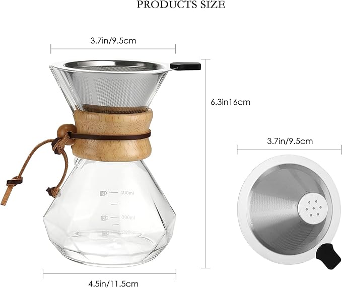 Pour Over Coffee Maker with Reusable Stainless Steel Filter Borosilicate Glass Coffee Jug Wood Collar Coffee Infuser Holds 2 Cups 13.5oz/400ml Clear