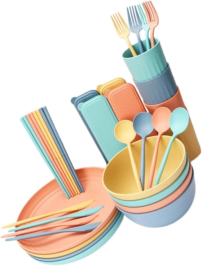 PRETYZOOM 4sets Portable Straw Cutlery Set Microwavable Bowls Lids Dinnerware Set for Outdoor Home