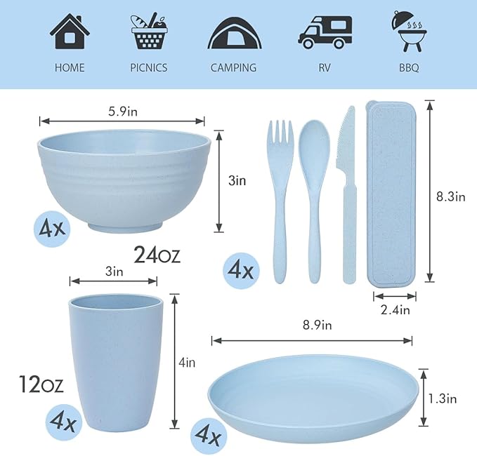 Wheat Straw Dinnerware Sets for 4 Wheat Straw Plates and Bowls Sets Kitchen Dishes 28pcs College Dorm Room Essentials Cutlery Set Microwave Safe (Blue)