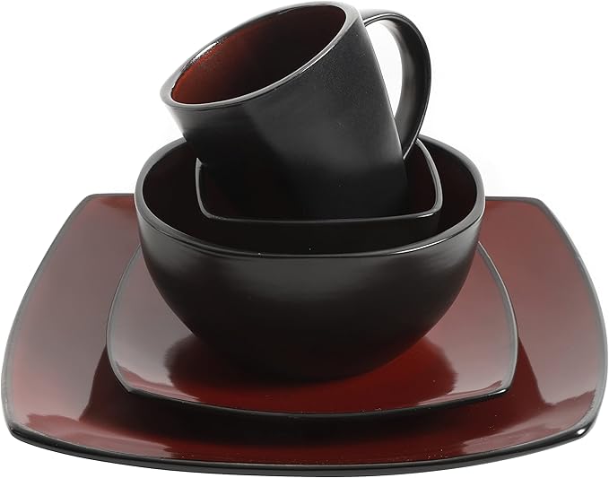 Gibson Elite Soho Lounge Square Reactive Glaze Stoneware Dinnerware Set Service for 8 (40pc) Red/Black