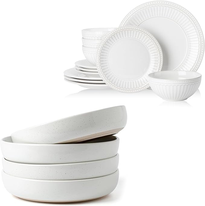 famiware 16 Pieces Plates and Bowls Dinnerware Sets for 4 White