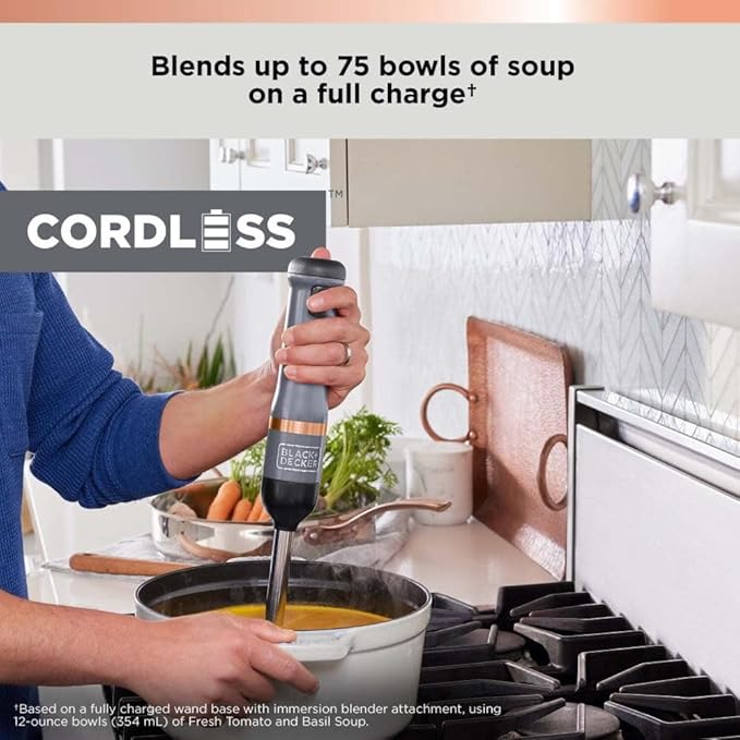 BLACK+DECKER Kitchen Wand Cordless Immersion Blender 6 in 1 Multi Tool Set Hand Blender with Charging Dock Grey (BCKM1016KS01)