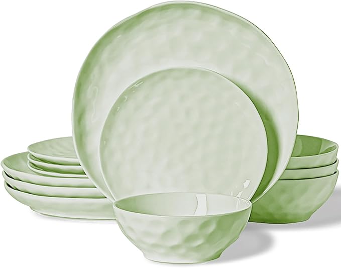 HOMBENE Plates and Bowls Sets Dinnerware Set 12 Piece Service Porcelain Dinnerware for 4 for Dessert Salad and Pasta Mint Glow Green Dishes