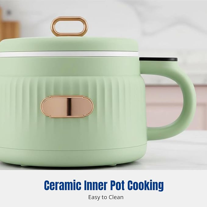 Small Rice Cooker 1.6L Noodle Cooker Keep Warm Portable Electric Pot Nonstick for 1-2 People Camping Cooking Soup Oatmeal Green
