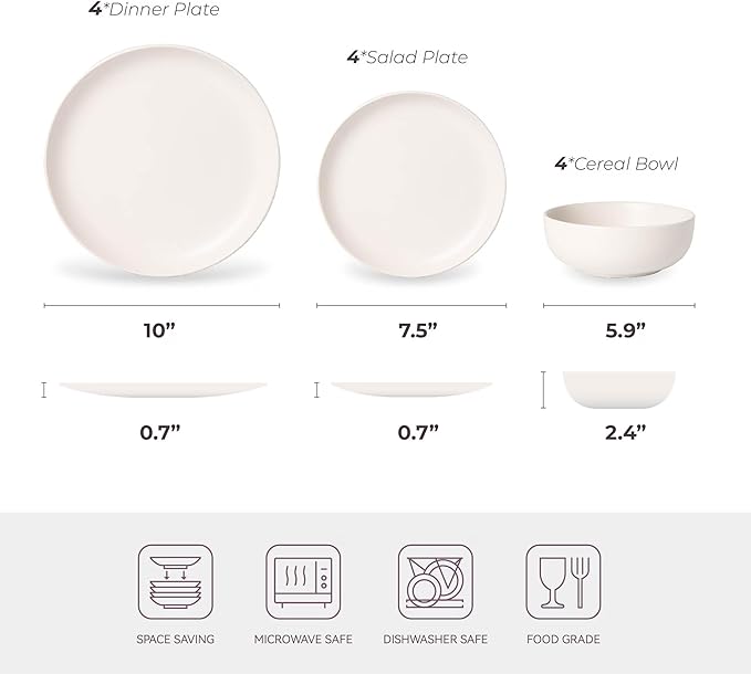 12-Piece Stoneware Dinnerware Set for 4 10 Plates &amp 7.5 Salad Plates &amp 5.9 Bowls Microwave &amp Dishwasher Safe Stackable Matte Glaze Kitchenware Chip &amp Scratch Resistant(White)