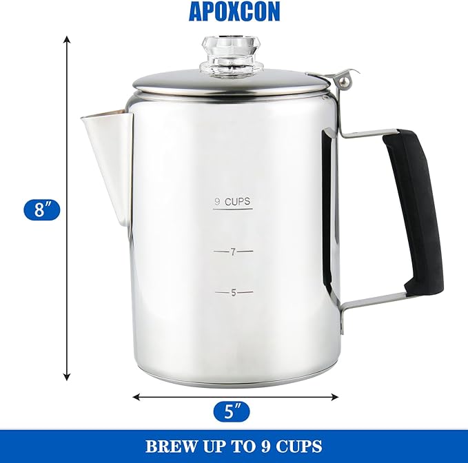 Multi Use Percolator Coffee Pot Stainless Steel Stove Top Coffee Maker with Two Borosilicate Glass Knob Silica Handle Camping Coffee Pot Using on Campfire Stove &amp Induction Cooker Silver 9 Cup