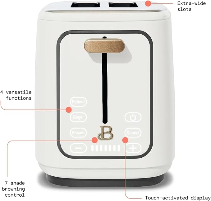 2 Slice Digital Toaster with Touch Control Panel Adjustable Toast Shade Settings Wide Bread Openings Bagel &amp Frozen Modes Removable Crumb Tray (White Icing)